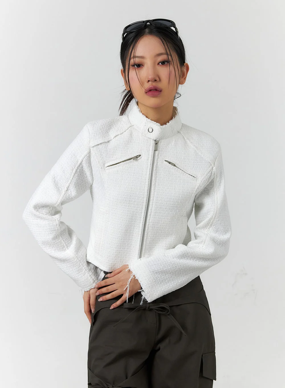 High Neck Tweed Zipper Biker Jacket CF401 - Image 7